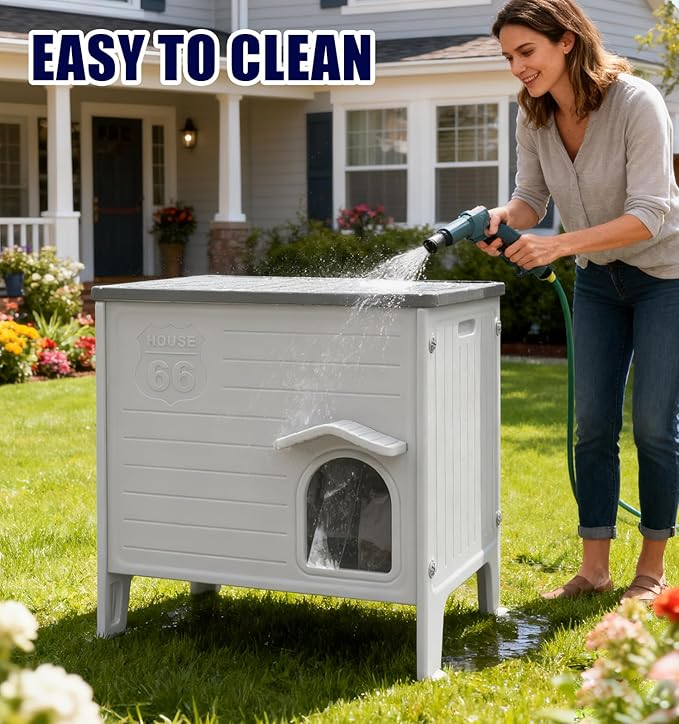 Heated Cat House for Winter, Feral Cat Houses for Outdoor with Escape Door, Outside Waterproof Cat Shelter for Feral Cats, Assemble Easily