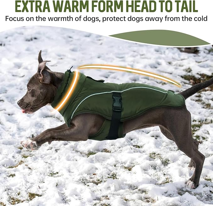 DENTRUN Winter Warm Dog Coat Reflective Jacket with Turtleneck for Cold Weather, Adjustable Buckle Windproof Water Repellent, Thick Snowsuit Fleece Vest for Small, Medium, Large Dogs, Green, XL