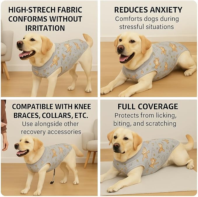 PetWarm Recovery Suit for Dogs, Dog Surgical Recovery Suit Female and Male, Dog Onesie for Surgery, Anti-Licking Dog Surgery Recovery Suit, Monkey Pattern, Grey, 2XL