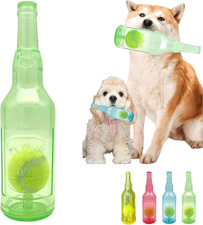 Tennis Ball in Bottle Dog Toy [2025 New Upgrade] Reinforced and Thickened Rubber Bottle Dog Chew Toy with Ball Squeaky Fetch Toy Tough (Green, Medium)