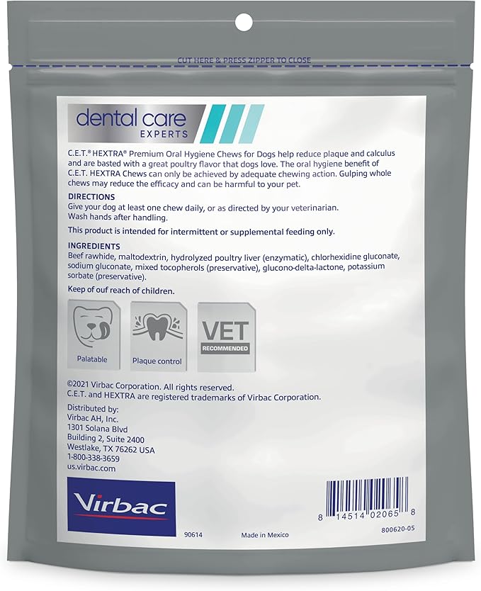 Virbac C.E.T. HEXtra Premium Oral Hygiene Chews for Dogs, 11-25 lbs, 8.5 Oz