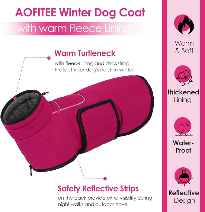 AOFITEE Large Dog Winter Coat, Waterproof Jacket with Harness Hole, Warm Fleece Puffer Jacket for Large Dogs, Reflective Windproof Snowsuit for Dogs, Dachshund, French Bulldog, L