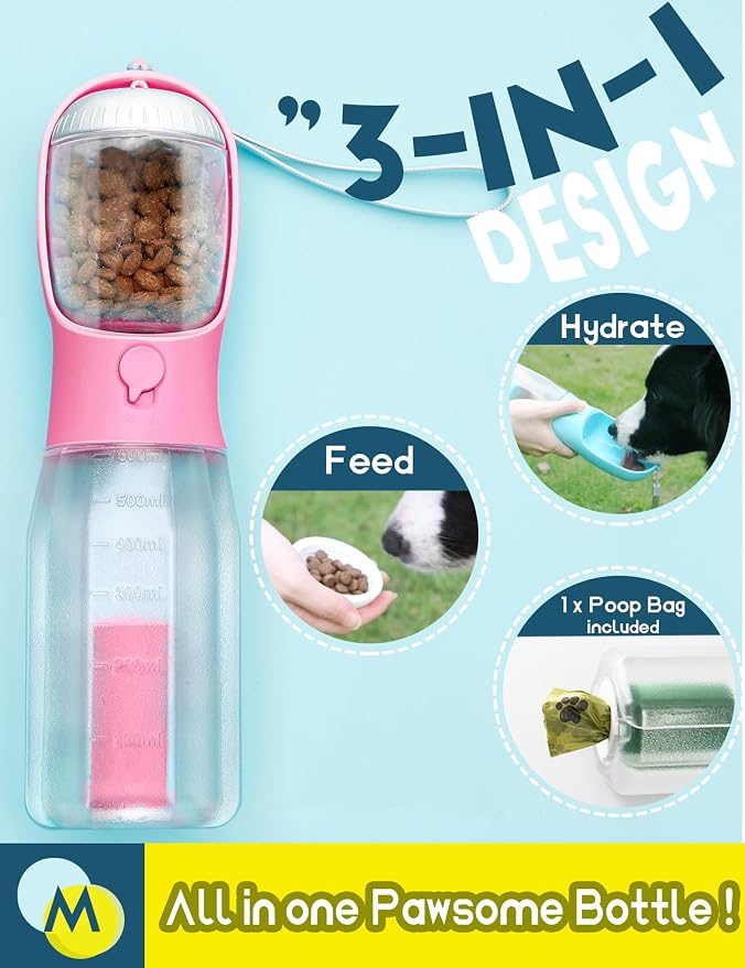 Portable Water Bottle for Dogs, 3 in 1 Pet Travel Bowl Dispenser with Food Treat Container & Poop Bag Holder, Summer Outdoor Walking Hiking Accessories for Large Dog On The Go - Pink, 20oz