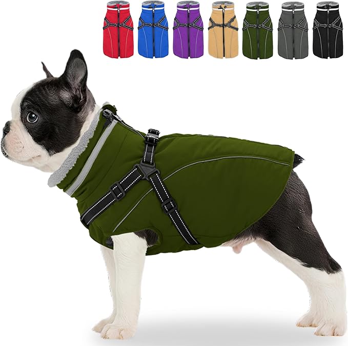 Fragralley Dog Coat with Harness Built in, Waterproof Windproof Reflective Warm Puffer Jacket, Fleece Lined Vest Winter Parka for Small, Medium, Large Dogs