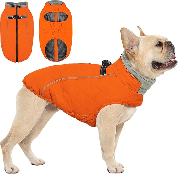 QBLEEV Dog Coat for Medium Dogs, Winter Warm Fleece Vest, Waterproof & Windproof with Adjustable Fit, Built-in Harness, Reflective Trim & Zip-Up for Safe Cozy Walks — Orange, L, for French Bulldog