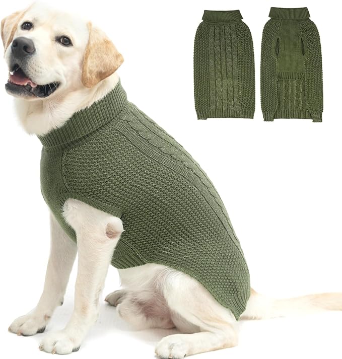 Large Dog Sweater, Classic Cable Knit Warm Dog Sweatshirt with Reflective Yarn for Girl Boy, Halloween Fall Winter Coat Turtleneck Pullover Clothes Apparel for Small Medium Large Dogs, Green L