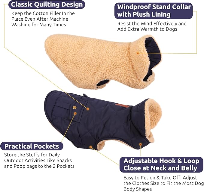 Queenmore Warm Puffer Dog Coat, Quilting Winter Jacket Ultra Thick Plush Lining with Storage Pockets (Dark Navy, Small)
