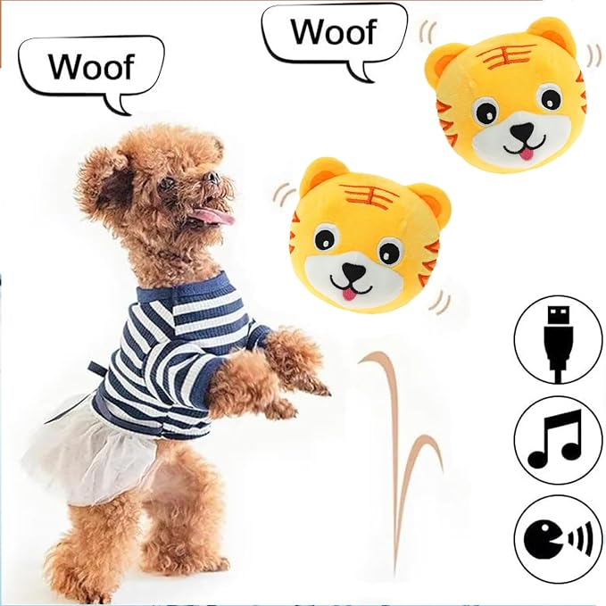 Active Moving Pet Plush Toy, Interactive Dog Toys Pet Bouncing Balls, USB Rechargeable Interactive Washable Cartoon Pig Plush Sound Electronic Dog Toy, Small Cute Squeaky Pig Dog Toy (Tiger)