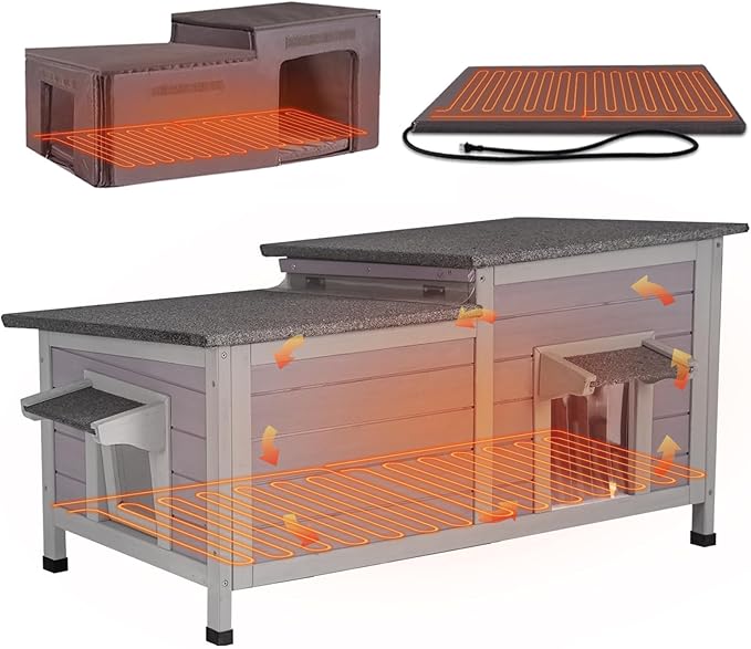 GUTINNEEN Outdoor Heated Cat House Insulated Weatherproof Cat Shelter with Automatic Temperature Control, Overheat Protection, Insulated Liner, Emergency Escape Doors, Perfect for Multiple Feral Cats
