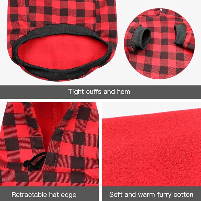 Red Plaid Dog Hoodie Sweater for Dogs Pet Clothes with Hat and Pocket（XS）
