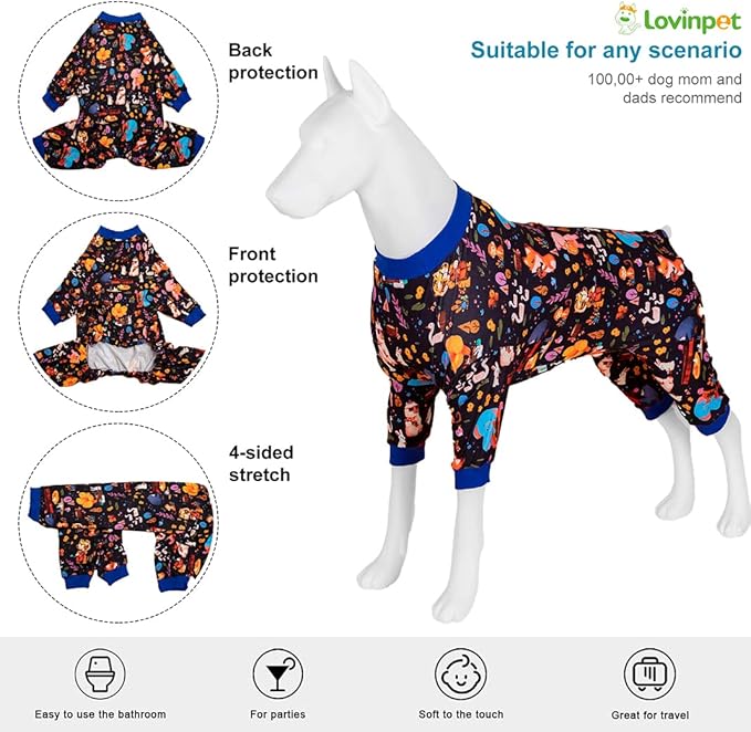 LovinPet Full Onesie for Large Dog, Lightweight Stretchy Fabric, Woodland Musicians Black Print, Pet Pajamas for Dogs, UV Protection, Lage Breed Dog Jammies, Pet PJ's, Pitbull Clothes, Medium