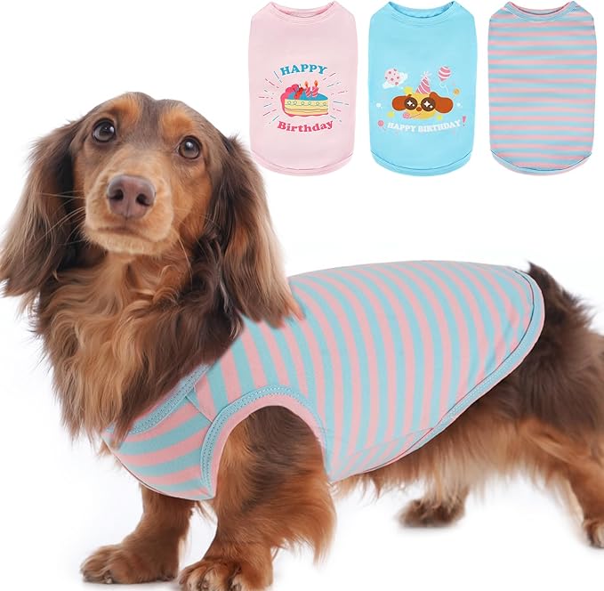 3 Pack Dog Print T-Shirt for Birthday Party,Sleeveless Vest to Free Movement Prevent Overheating,Soft Lightweight for Dogs with Sensitive Skin,Cozy Indoor Lounge Wear(Pink & Blue,L)