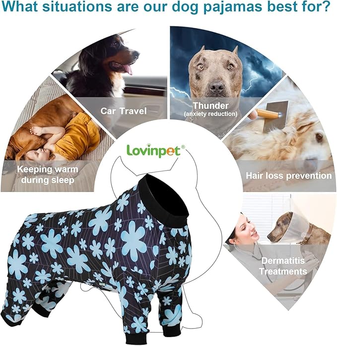 LovinPet Big Dog Onesies, Pet Anxiety Relief Shirt, Sun Protection Dog Onesie, Comfy Stretchy Fabric, Sage Print, Big Dog Surgery Recovery PJ's, Dog Party Apparel, Black L