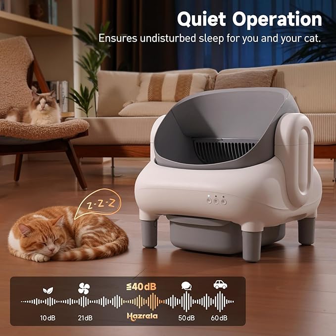 Hazrela Self Cleaning Litter Box，Automatic Litter Box for Multiple Cats with Open Top Design, App Control, Safety Protection&Health Monitoring，Easy Setup，Gray White，1 Count