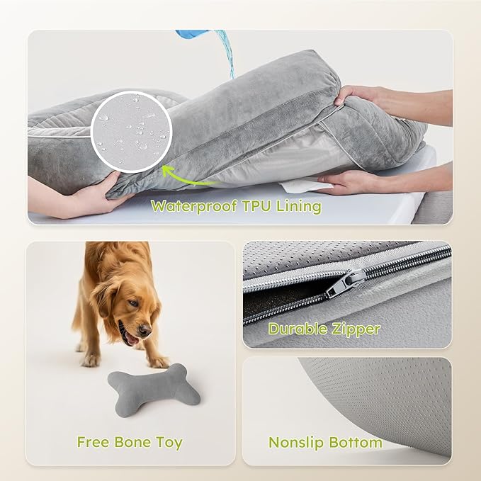 Jumbo Dog Beds for Extra Large Dogs, Orthopedic Dog Bed with Cooling Gel Memory Foam, Waterproof Pet Bed with Removable Washable Cover, 45" Pet Sofa Couch Velvet with Bone Toy, Light Gray