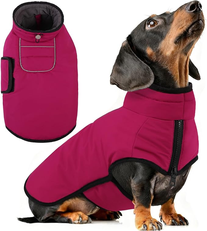 AOFITEE Small Dog Winter Coat, Waterproof Puffer Jacket with Harness Hole & Fleece Collar, Reflective Warm Snowsuit for Chihuahua, Yorkshire, Dachshund, S