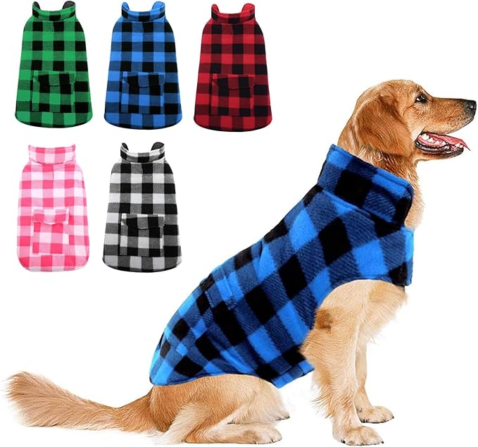 ASENKU Dog Winter Coat, Fleece Doggie Jacket Plaid Reversible Vest Waterproof Windproof Cold Weather Clothes for Small Medium Large Dogs (Blue, XL)