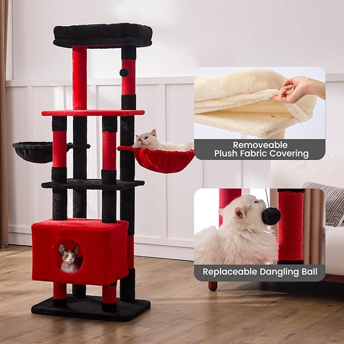 Gardner Pet 65in Heavy Duty Cat Tree Tower for Large Cats, Multi-Level Cat Furniture with Replaceable Sisal Scratching Post, Hammock | Extra-Large Platform & Condo (Black Red, Basic φ:2.84")
