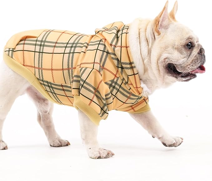 KOOLTAIL Plaid Dog Hoodie for Small Medium Large Dogs,Pet Clothes Sweater with Hat and Pocket for Cold Weather Winter, Soft&Warm Doggy Hooded Sweatshirt Coat Outfit for Puppy Cats Girls Boys Khaki M