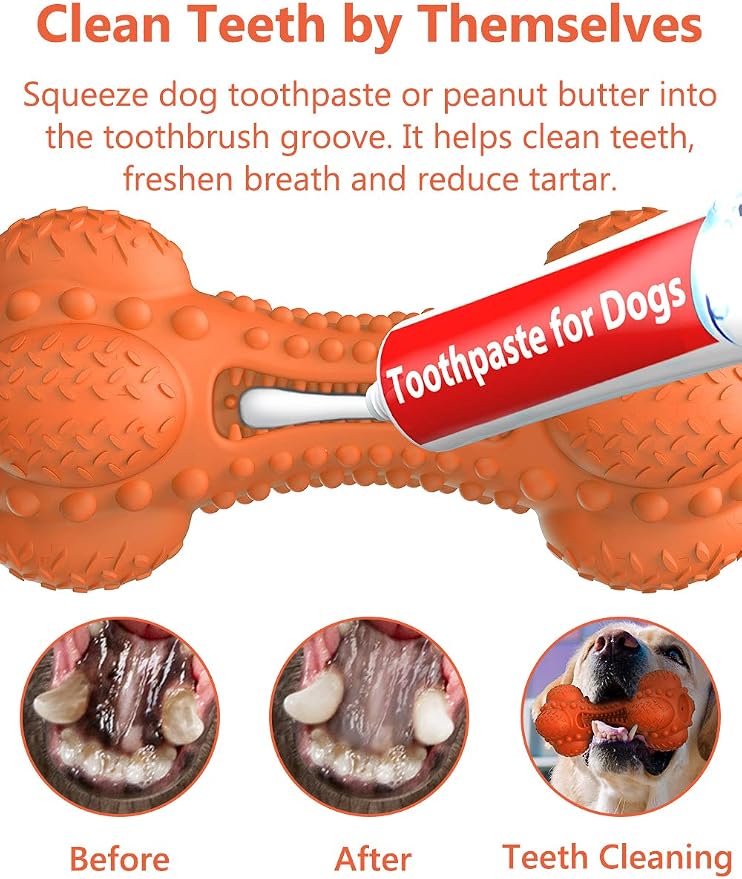 SCHITEC Two Squeaky Dog Chew Toy for Aggressive Chewers Large Breed, Tough Indestructible Rubber Bone with Toothbrush for Big Medium Dogs Teeth Cleaning, Blue and Orange