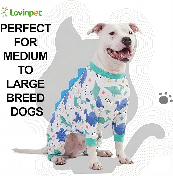 LovinPet Large Dog Pajamas, Four-Leg Stretch Onesie Bodysuit, Lightweight UV-Shielding Pajamas, Anti-Lick Calming Recovery Suit for Surgery, Pull-On for Medium and Large Breeds,White Blue,3XL