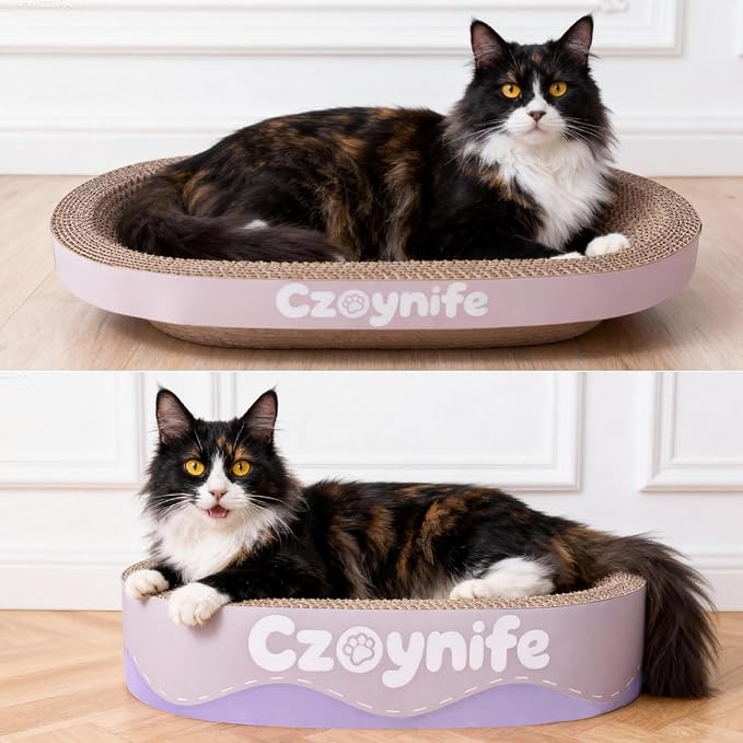 Czoynife 3PCS Cat Scratcher Cardboard, Oval Cat Scratch Pad Bowl Nest for Indoor Cats, Round Cat Scratching Board Corrugated Lounge Cat Bed, Furniture Protector for Couch (Purple, 17 * 11.5 in)
