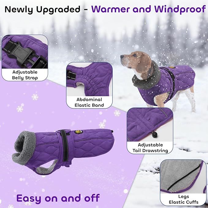 Dog Coat Winter, Waterproof Quilted Dog Jacket for Cold Weather, Reflective Adjustable Puppy Winter Coat, Warm Turtle-Neck Pet Fleece Snow Jacket for XX-Large Dogs, NewPurple XXL