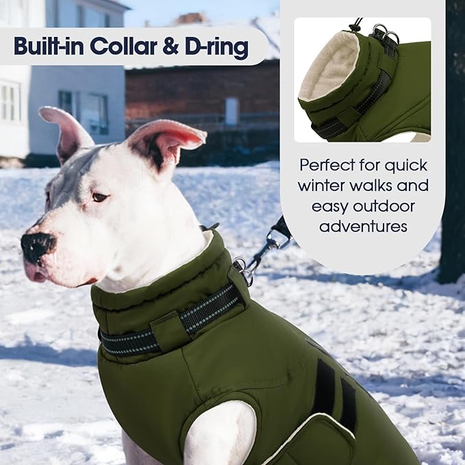 IECOii Winter Dog Coat for Extra Large Dogs, Waterproof Reflective Dog Snow Jacket for Giant Breeds, Built in Collar Snowsuit Thermal Dogs Cold Weather Coats for Great Dane, Army Green - 4XL
