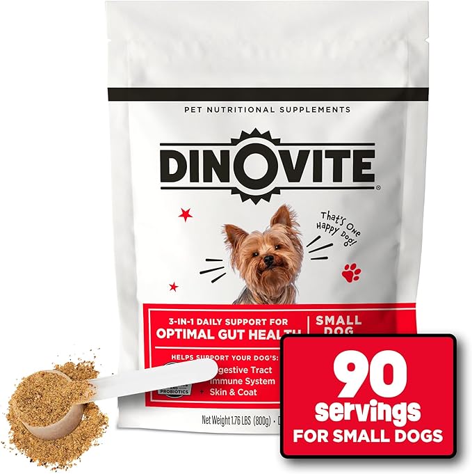 Dinovite Dog Probiotics for Yeast, Itchy Skin and Itchy Ears - Daily Skin & Coat, Digestive, and Immune Support for Small Dogs 1-18lbs – 90-Day Supply, Omega 3 Fatty Acids, Essential Pre & Probiotics