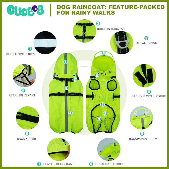 Dog Raincoat XXL, Waterproof Dog Raincoats for Large Dogs with Adjustable Built-in Harness & Back Zipper, Reflective Strip, Removable Hood, for Rainy Walks, Muddy Roads - Fluorescent Green