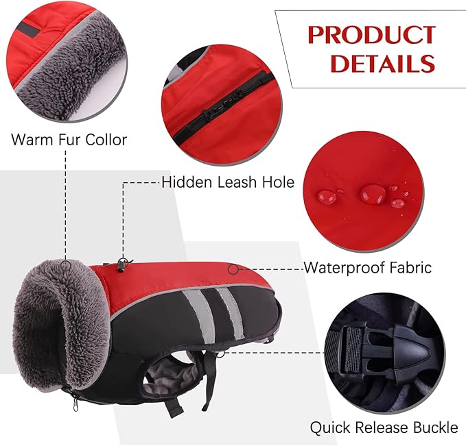 QBLEEV Warm Dog Coat Reflective Dog Winter Jacket, Waterproof Windproof Dog Turtleneck Clothes for Cold Weather Thicken Fleece Pet Dog Snowsuit Christmas Dog Vest Apparel for Small Medium Large Dogs S