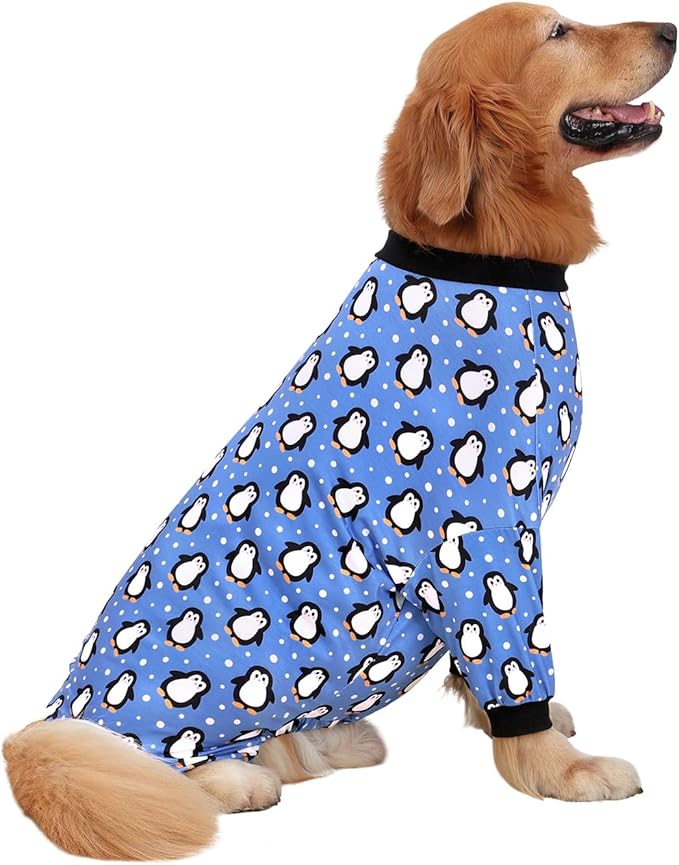 HDE Dog Pajamas One Piece Jammies Jumpsuit Pet Clothes Outfit Stretchy Lightweight Comfy Shirt Pjs for M-3XL Dogs Penguin Polka Dots - XL