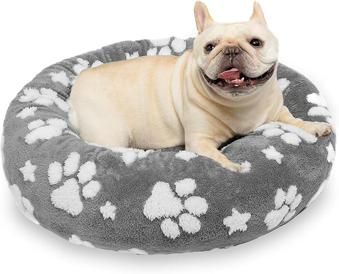 Yaning Donut Dog Beds for Small Dogs, Calming Round Cat Beds for Indoor Cats, Cute 3D Textured Paw Pet Bed with Removable Washable Cover and Anti-Slip Bottom（Grey，23"）