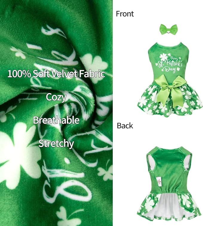 CuteBone St.Patrick's Day Dog Green Dress Velvet for Small Dogs Girl Puppy Dresses Clover Dog Clothes CVA14M-D