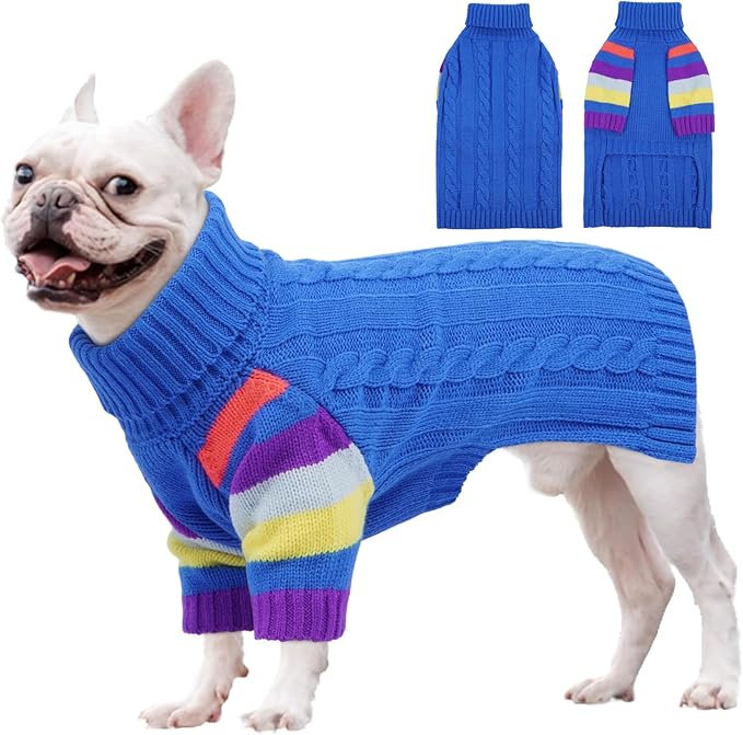 Dog Sweater Thick, Sweaters for Large Size Dogs Comfy, Stretchy Pullover Dog Sweater for Large Doggie, Christmas Dogs Sweaters Unisex, Warm Pet Knitwear Boston Terrier, Frenchie (Blue L)
