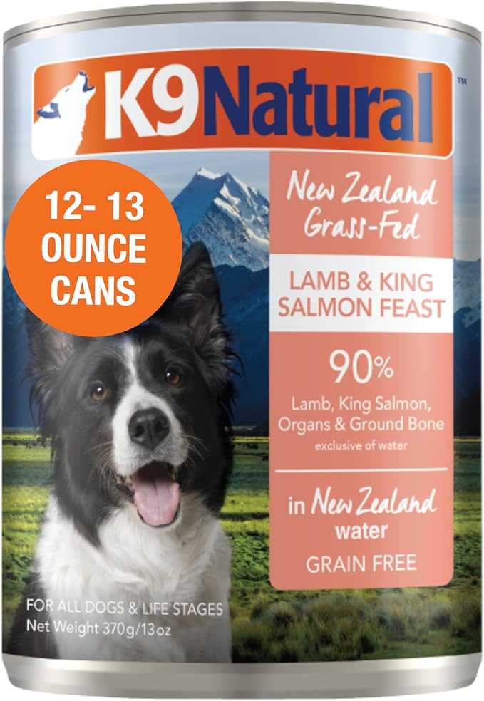 K9 Natural Wet Dog Food Pate, Lamb & King Salmon Feast, 13 Oz Cans (Pack of 12), Grain Free, Made in New Zealand with Grass-Fed, Free-Range Lamb and Sustainably Caught King Salmon