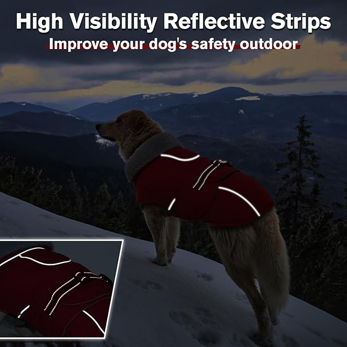 Lelepet Warm Dog Coat - Reflective Waterproof Fleece Vest with Adjustable Buckle Hook & Loop, Windproof Winter Jacket Dog Coats for Small Medium Large Dogs, Red, L