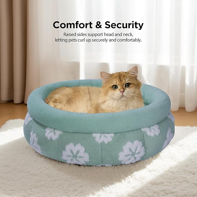 BALANCE Cat Beds for Indoor Cats, Washable Round Cat Bed, Cute 3D Flower Kitten Bed with Anti-Slip Bottom for Puppy and Kitten, 20 Inches, Green
