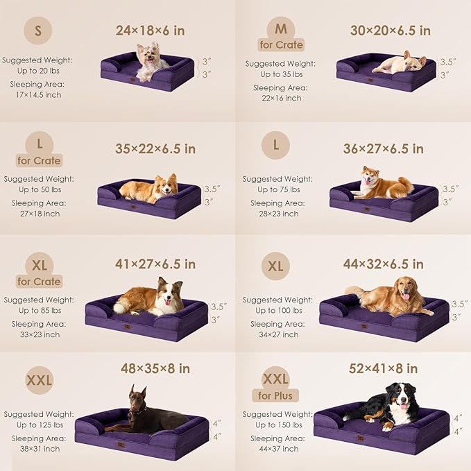 EHEYCIGA Orthopedic Dog Beds for Large Dogs, Waterproof Memory Foam Large Pet Bed with Sides, Non-Slip Bottom and Egg-Crate Foam Dog Couch Bed with Washable Removable Cover, Purple