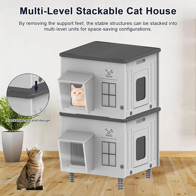 Tepoal 17.7"x17"x17.5" Plastic Heated Cat House for Outside Winter, Weatherproof Outside Cats Shelter with Safety Escape Doors and Heating Pads, Elevated Feral Cat House for Wild and Stray Cats (Grey)