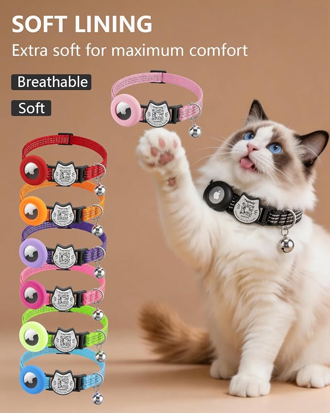 Cat Collar with AirTag Holder, QR Code Tag and Bell (Purple, Dot Matrix)