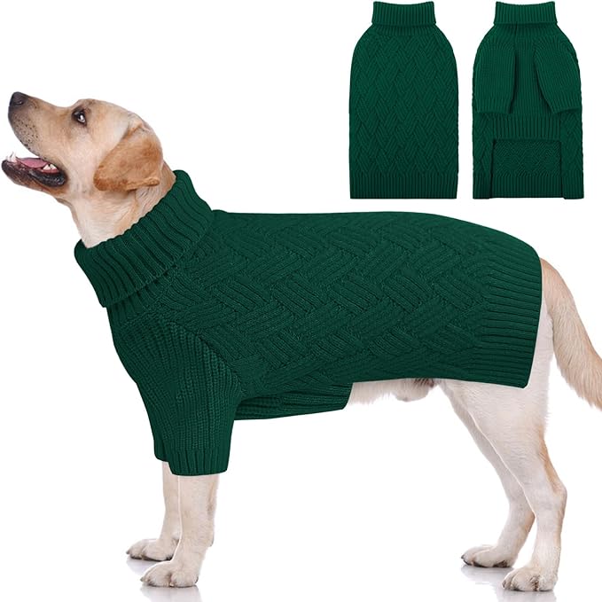 KOESON XL Dog Sweater for Large Size Dogs, Turtleneck Extra Large Sweater for Dogs Girl Boy, Warm Large Dog Sweaters for Christmas, Soft Doggie Winter Knitwear with Sleeves, Green, XLarge