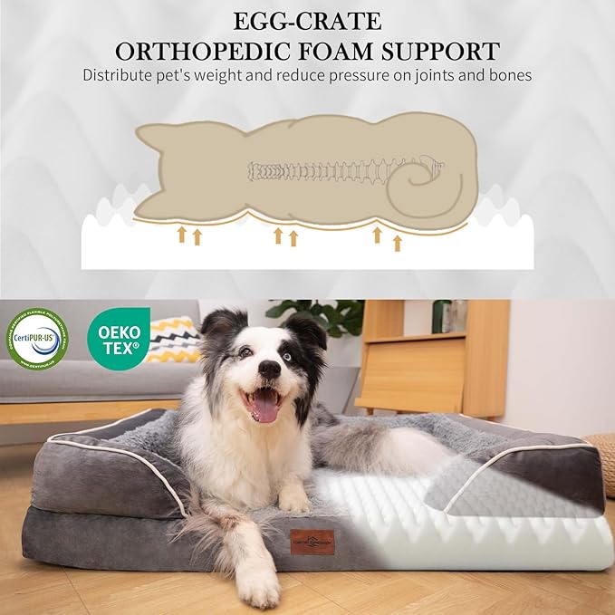Comfort Expression Orthopedic Dog Bed for Large Dogs 38x25 Inch, Waterproof Supportive Egg Crate Foam Large Pet Bed with Removable Bolsters, Dog Couch with Washable Cover & Non-Slip Bottom, Grey