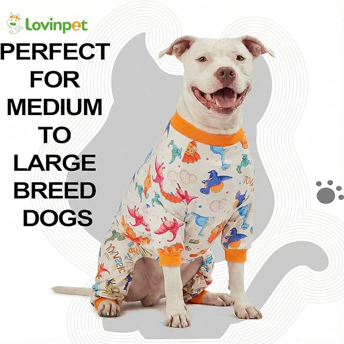 LovinPet Large Dog Pajamas, Four-Leg Stretch Onesie Bodysuit, Lightweight UV-Shielding Pajamas, Anti-Lick Calming Recovery Suit for Surgery, 3D Dino Egg Spikes, Easy on/Off， White， 3XL