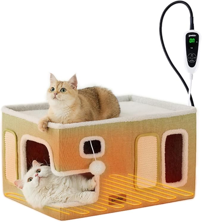 ZOMISIA Heated Cat House for Indoor Cats - Large Cat Warming Bed for Winter with Fluffy Ball Hanging and Adjustable Heating Pad, Foldable Cat Hideaway,23x16.5x13 inches, Green