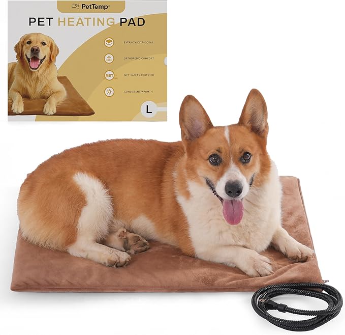PetTemp Large Pet Heating Pad for Cats Dogs Indoor & Sheltered Outdoor Waterproof Heated Dog Bed Heated Cat Bed Chew Resistant Cord Constant Temperature Brown 26 x 20 Inch