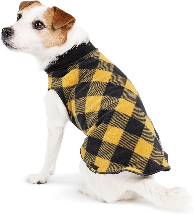 Goldpaw Duluth Double Fleece Dog Sweater Vest for Small Dogs - Soft, Stretchy Dog Fleece - Warm Pet Jacket for Fall and Winter - Pet Outerwear - Machine Washable - Gold Buffalo Check/Black - Size 8