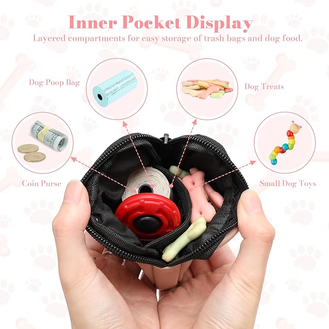 Dog Treat Pouch with Training Clicker,Waterproof Nylon Fabric Poop Bag Holders for Leashes,Hands Free Small Dog Walking Bag with Carabiner, Pet Puppy Training Walking Essentials (Coffee)