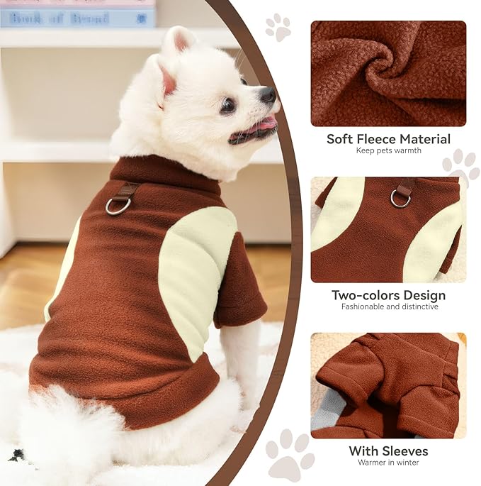 Small Fleece Dog Sweater with Leash Ring Soft Warm Fall Winter Dog Clothes Cute Cat Apparel Puppy Sweaters Classic Pullover Doggy Sweatshirts Chihuahua Costumes Cat Outfits(Brown,XL)
