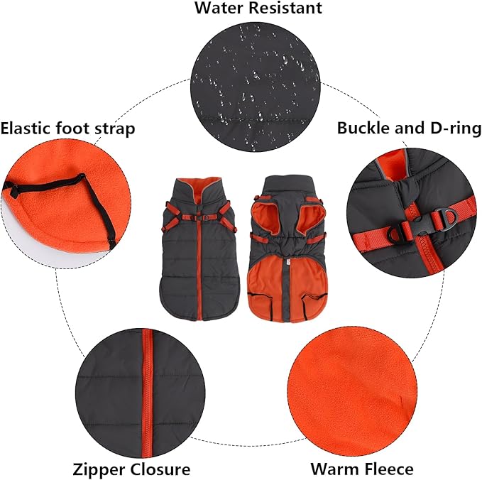 Geyecete Winter Warm Coat Waterproof Dog Winter Jacket with Harness Traction Belt,Windproof Pet Outdoor Jacket-Gray-L